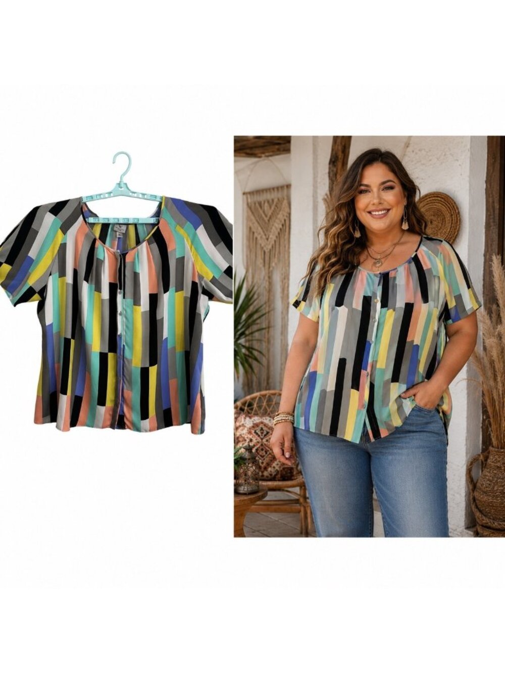 Striped Multicolor Worthington Woman Button Front Short-Sleeve Blouse 3X Boho